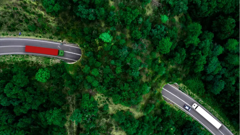 kamion erdőben madártávlati kép