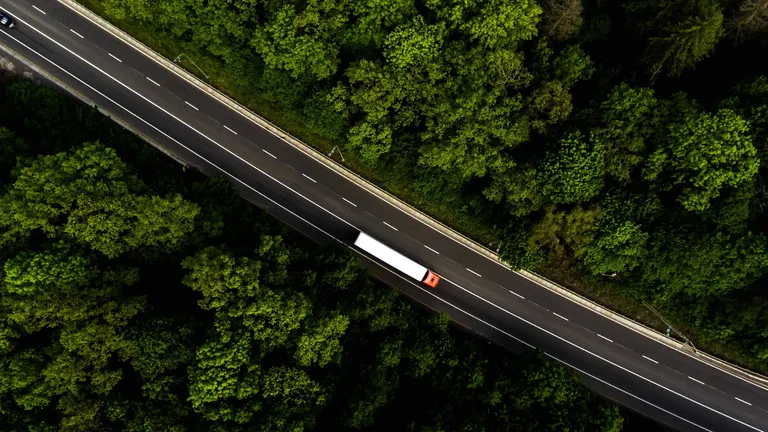 kamion erdei úton madártávlatból